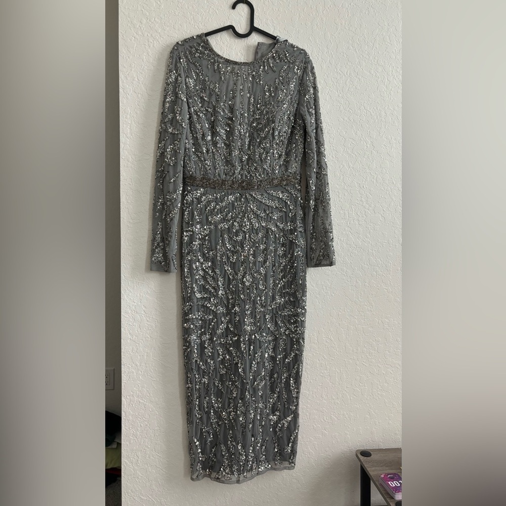 Mac Duggal Silver Long Sleeve Prom Dress - Picture 5 of 5